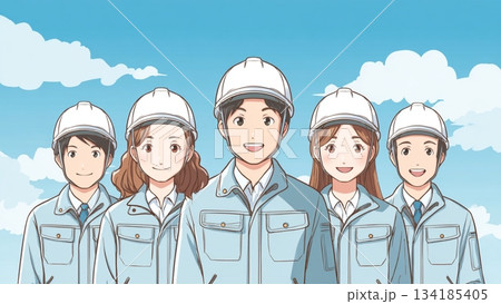 作業服を着てヘルメットを着用した若手社員達 134185405