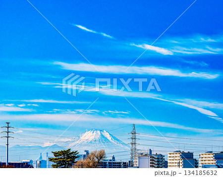 北総台地から見た青空に映える冠雪した富士山 134185632