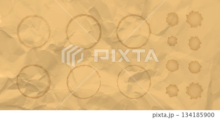 Brown crumpled dirty paper texture with round spots and blots, realistic 3d vector stained craft wrinkled sheet, page 134185900