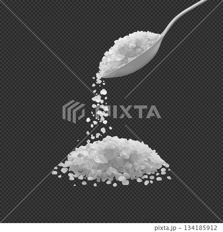 Realistic salt or sugar crystals pouring from spoon, powder pile, 3d vector white natural mineral grains falling effect Realistic salt or sugar crystals pouring from spoon, powder pile, 3d vector white natural mineral grains falling effect 134185912