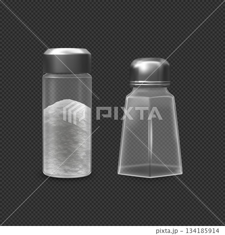 A realistic set of glass containers of various shapes, empty and full with white salt. A realistic set of glass containers of various shapes, empty and full with white salt. 134185914