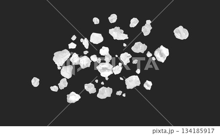 Realistic salt or sugar crystal powder scattered on the surface, 3d vector white natural mineral grains coarse grinding 134185917