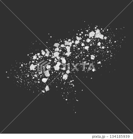 Realistic salt or sugar crystal powder scattered on the surface top view, 3d vector white natural mineral grains splash 134185939