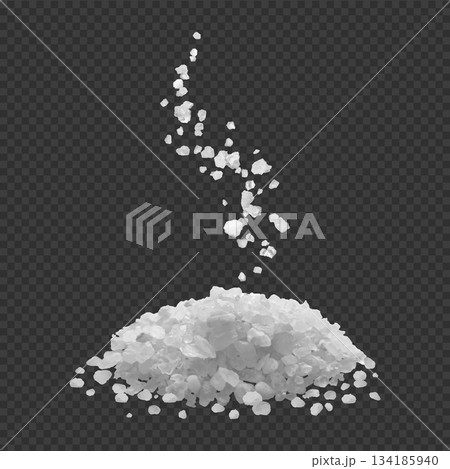 A pile of white salt and crystals with falling particles, edible or sea salt, side view. A pile of white salt and crystals with falling particles, edible or sea salt, side view. 134185940
