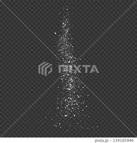 Realistic salt or sugar crystals powder pouring from above, 3d vector white natural mineral grains falling effect Realistic salt or sugar crystals powder pouring from above, 3d vector white natural mineral grains falling effect 134185946