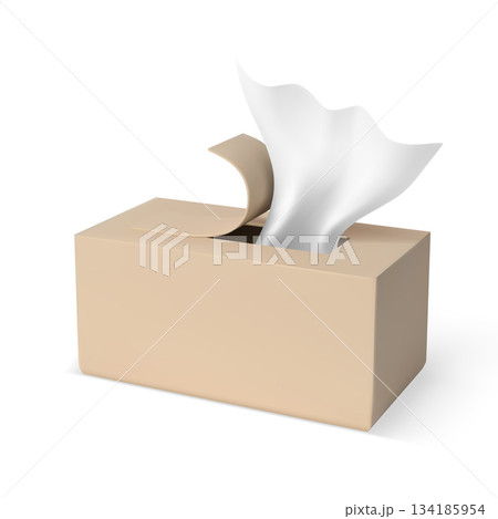 3D open cardboard box with a single white paper napkin protruding from the slot. 134185954