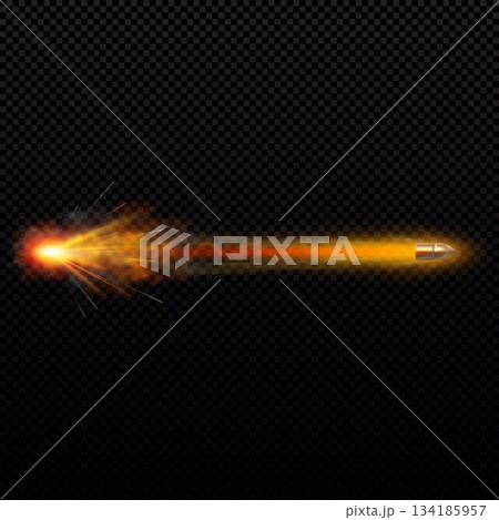 Golden bullet with a fiery trail, explosion, sparks, dust, shot trajectory, glow effect. Golden bullet with a fiery trail, explosion, sparks, dust, shot trajectory, glow effect. 134185957