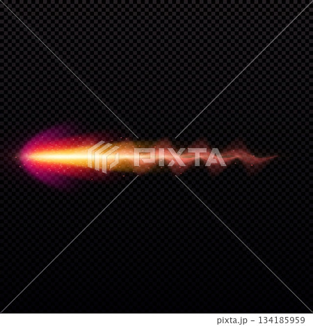 Gun shot with red fire and smoke effect, weapon firing blast wavy flame trail, vector realistic bullet shoot explosion 134185959