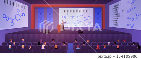 Flat background with a lecture hall, a screen with molecules, a speaker on stage, and an audience. 134185980