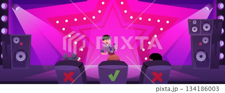 Singing show vector illustration, cartoon online tv translation of a talent show stage and celebrity jury behind a desk 134186003