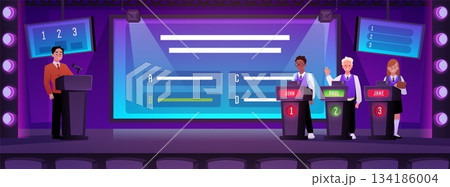 TV Quiz show stage with kids participants who answer questions and get points, vector cartoon intellectual game contest 134186004