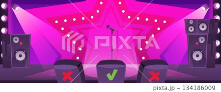 Talent show stage, TV translation of a singing show and celebrity jury places behind, vector cartoon media background 134186009
