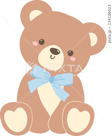 Cute Teddy Bear with Blue Bow Cartoon 134186023