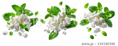 Fresh cottage cheese with green mint leaves, isolated on white background, concept of healthy food and freshness 134186390
