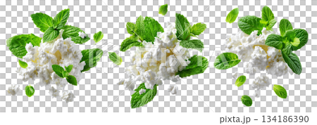 Fresh cottage cheese with green mint leaves, isolated on white background, concept of healthy food and freshness 134186390
