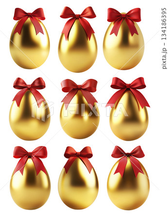 Golden Easter egg with red bow on top, isolated on white transparent background. Symbol of luxury and holiday festivity 134186395