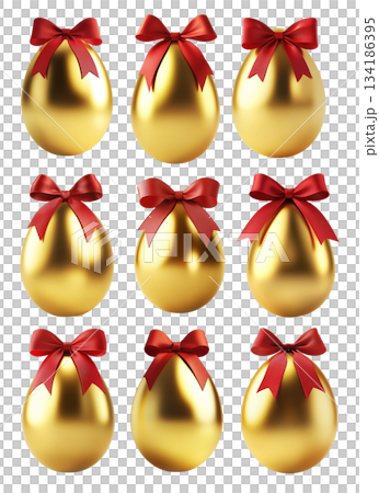 Golden Easter egg with red bow on top, isolated on white transparent background. Symbol of luxury and holiday festivity 134186395