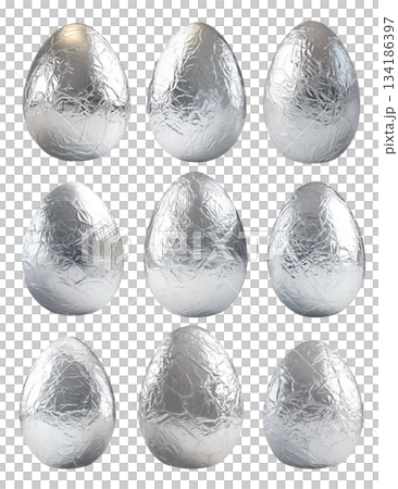 A large chocolate Easter egg wrapped in crinkled silver foil, isolated on white transparent background 134186397