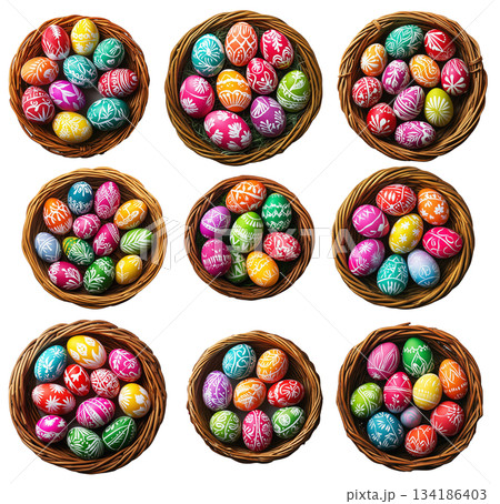 Wicker basket filled with colorful Easter eggs decorated with patterns, isolated on white transparent background. 134186403