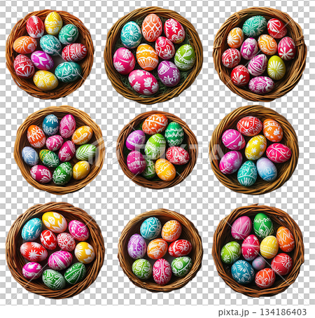Wicker basket filled with colorful Easter eggs decorated with patterns, isolated on white transparent background. 134186403
