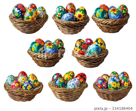 Wicker basket filled with colorful Easter eggs decorated with patterns, isolated on white transparent background. 134186404