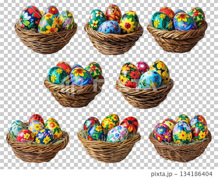 Wicker basket filled with colorful Easter eggs decorated with patterns, isolated on white transparent background. 134186404