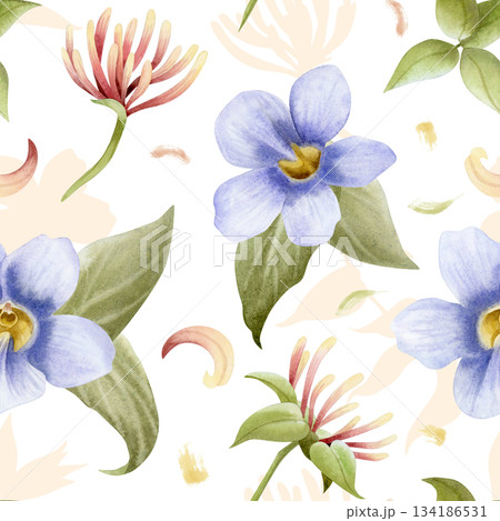 Honeysuckle and purple Thunbergia vine flowers with petals watercolor seamless pattern on white. Pastel violet and pink floral plant hand drawn repeat background. Botanical floral tropical nature 134186531