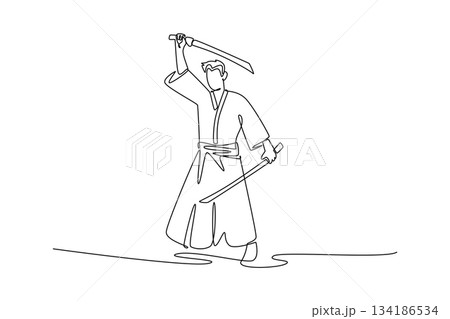 Continuous one line drawing samurai in robes wielding two swords in pose, with one katana raised high overhead, other held low for balance, attack. Single line draw design vector graphic illustration Continuous one line drawing samurai in robes wielding two swords in pose, with one katana raised high overhead, other held low for balance, attack. Single line draw design vector graphic illustration 134186534