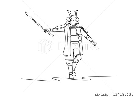 Continuous one line drawing composed human samurai warrior in full armor, marching or walking with one hand holding katana, showing quiet readiness. Single line draw design vector graphic illustration Continuous one line drawing composed human samurai warrior in full armor, marching or walking with one hand holding katana, showing quiet readiness. Single line draw design vector graphic illustration 134186536