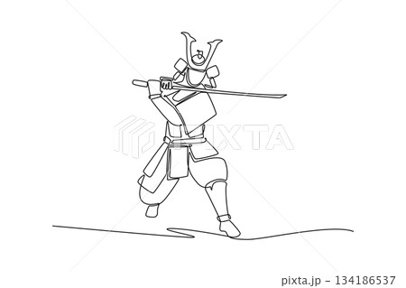 Continuous one line drawing striking samurai in full traditional armor, standing in low stance while holding katana horizontally high, ready to cut. Single line draw design vector graphic illustration 134186537