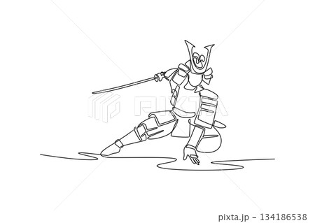 Continuous one line drawing samurai in full armor kneeling low to ground, holding katana pointed forward in defensive or horizontal cutting stance. Single line draw design vector graphic illustration Continuous one line drawing samurai in full armor kneeling low to ground, holding katana pointed forward in defensive or horizontal cutting stance. Single line draw design vector graphic illustration 134186538