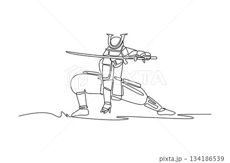 Single continuous line drawing focused samurai in full armor, positioned in a low kneeling lunge, holding katana forward, indicating aggressive attack. One line draw graphic design vector illustration 134186539
