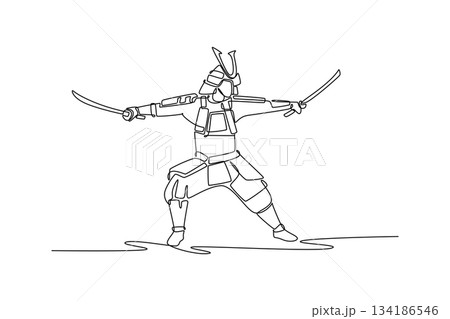 Single continuous line drawing imposing samurai warrior in traditional armor, standing in wide stance and wielding two swords. Representing discipline. One line draw graphic design vector illustration 134186546