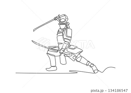 Single continuous line drawing samurai in full armor, lunging forward with two swords in powerful attack pose. Decisive action and historical warfare. One line draw graphic design vector illustration 134186547