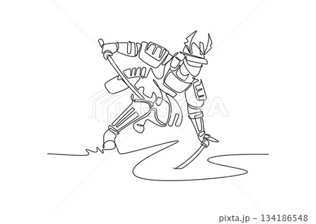 Single one line drawing powerful samurai warrior in full armor and helmet, taking a low stance while drawing sword, depicting combat readiness. Continuous line draw design graphic vector illustration 134186548