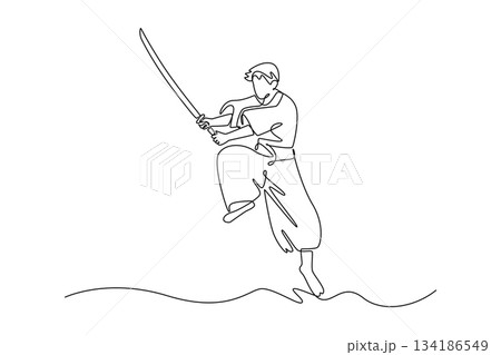 Single one line drawing human samurai warrior balancing on one leg while holding katana diagonally upwards. Intense focus and dynamic movement. Continuous line draw design graphic vector illustration 134186549