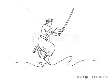 Single one line drawing samurai warrior jumping or leaping in mid-air holding katana sword in dramatic, sweeping diagonal pose, swift and fluid. Continuous line draw design graphic vector illustration Single one line drawing samurai warrior jumping or leaping in mid-air holding katana sword in dramatic, sweeping diagonal pose, swift and fluid. Continuous line draw design graphic vector illustration 134186550