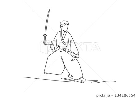 Single one line drawing samurai warrior in low, ready fighting stance, holding sharp katana sword prepared for battle. Power Japanese tradition. Continuous line draw design graphic vector illustration 134186554