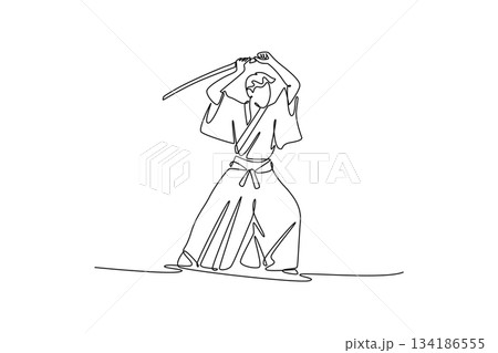 Single one line drawing powerful samurai warrior holding sharp katana above his head in ready to strike position. Japanese martial arts spirit. Continuous line draw design graphic vector illustration Single one line drawing powerful samurai warrior holding sharp katana above his head in ready to strike position. Japanese martial arts spirit. Continuous line draw design graphic vector illustration 134186555