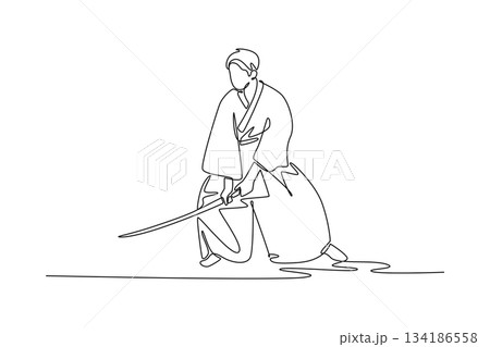 Continuous one line drawing focused human samurai master in traditional robes, in low stance with katana extended. Precise drawing or cutting move. Single line draw design vector graphic illustration 134186558