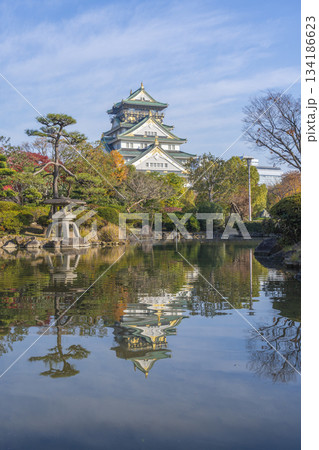 日本庭園の池に映る大阪城天守閣　紅葉の季節 134186623