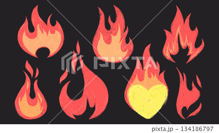 Grunge flame doodle icons with rough texture Grunge flame doodle icons with rough texture 134186797