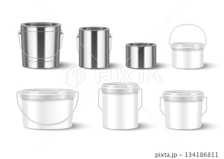 Metal and plastic paint buckets set on white 134186811