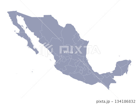 グレー色のメキシコの地図。メキシコの国名と州の行政区分付き地図。世界の地図シリーズより。 グレー色のメキシコの地図。メキシコの国名と州の行政区分付き地図。世界の地図シリーズより。 134186832