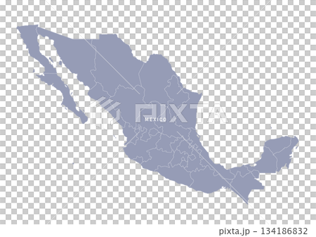 グレー色のメキシコの地図。メキシコの国名と州の行政区分付き地図。世界の地図シリーズより。 グレー色のメキシコの地図。メキシコの国名と州の行政区分付き地図。世界の地図シリーズより。 134186832