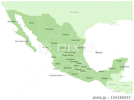 緑色の濃淡で描いた、メキシコの行政区分付きの地図(周辺国の地名付き、スペイン語表記) 緑色の濃淡で描いた、メキシコの行政区分付きの地図(周辺国の地名付き、スペイン語表記) 134186833