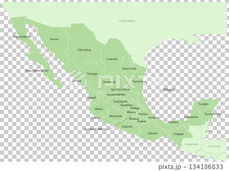 緑色の濃淡で描いた、メキシコの行政区分付きの地図(周辺国の地名付き、スペイン語表記) 緑色の濃淡で描いた、メキシコの行政区分付きの地図(周辺国の地名付き、スペイン語表記) 134186833