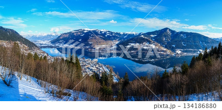 Panoramic Alpine Vista in austria alps, kaprun Snow-Capped Peaks and Tranquil Lake Scenery. 134186880