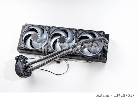 High-Performance Liquid Cooling System for CPU Isolated on White Background, Modern Build 134187017
