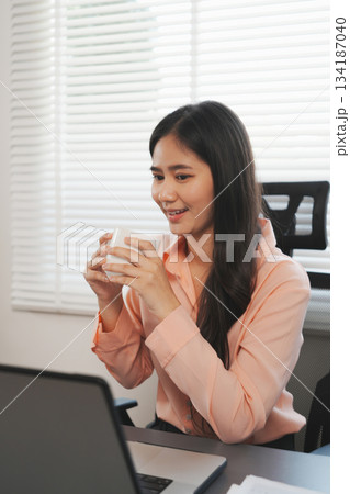 Overjoyed businesswoman happy for successful work. 134187040